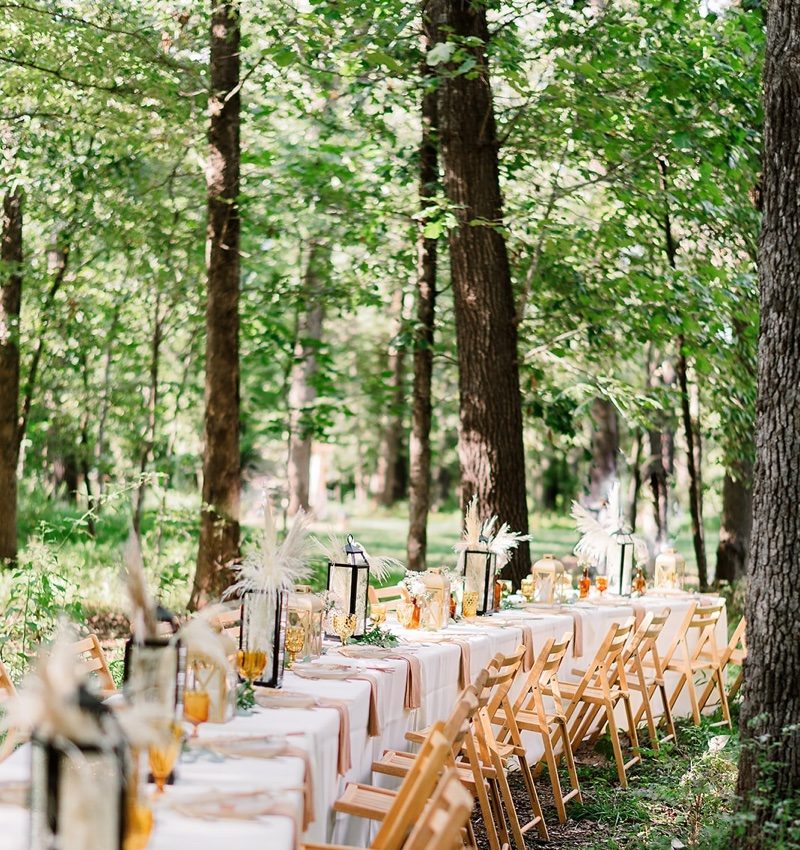 Reception Elegantly set outdoor table with flowers, lanterns, and glassware in a forest setting.