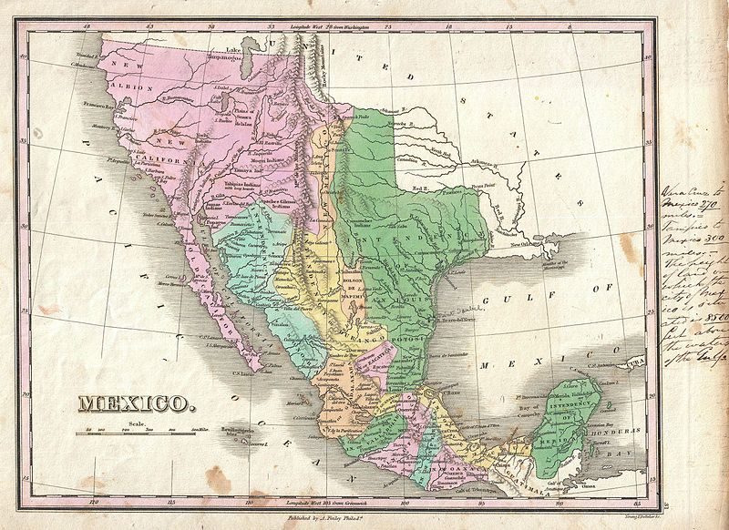 1827 map of Mexico, Upper California, and Texas Historical map of Mexico showing territories like New California and New Mexico with boundaries.