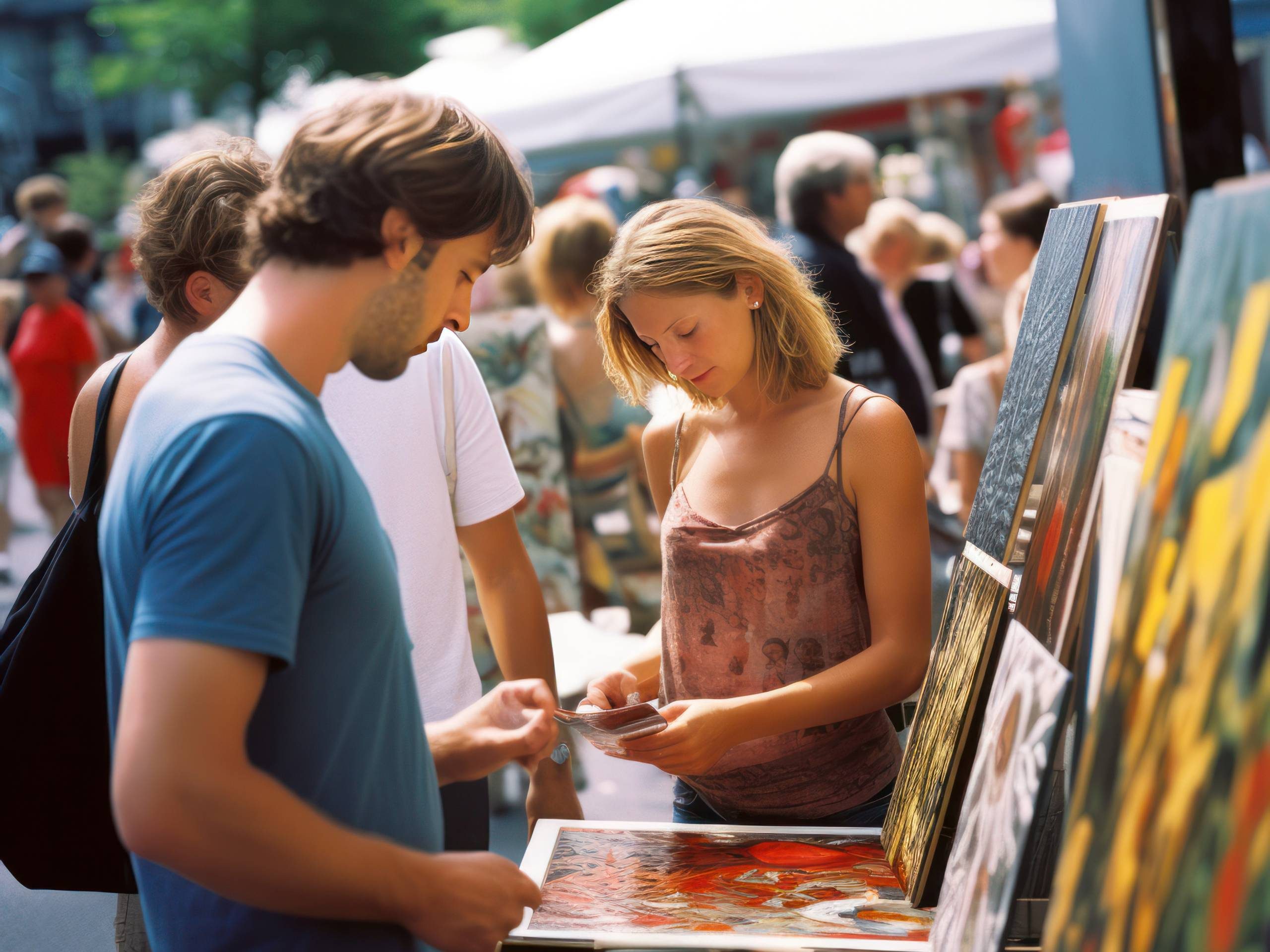 Art Fair A young couple browses art for sale at an outdoor art fair