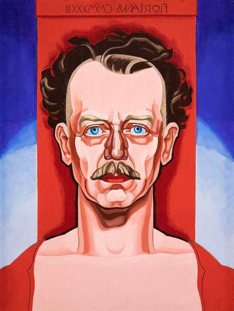 Oscar Bluemner, Self-Portrait, 1933, oil on panel, 19 3/4 x 14 3/4 in. (50.2 x 37.5 cm). Promised Gift to Crystal Bridges Museum of American Art, Bentonville, Arkansas. Photography by Edward C. Robison III. Portrait painting of a man with blue eyes, mustache, red and blue geometric background.