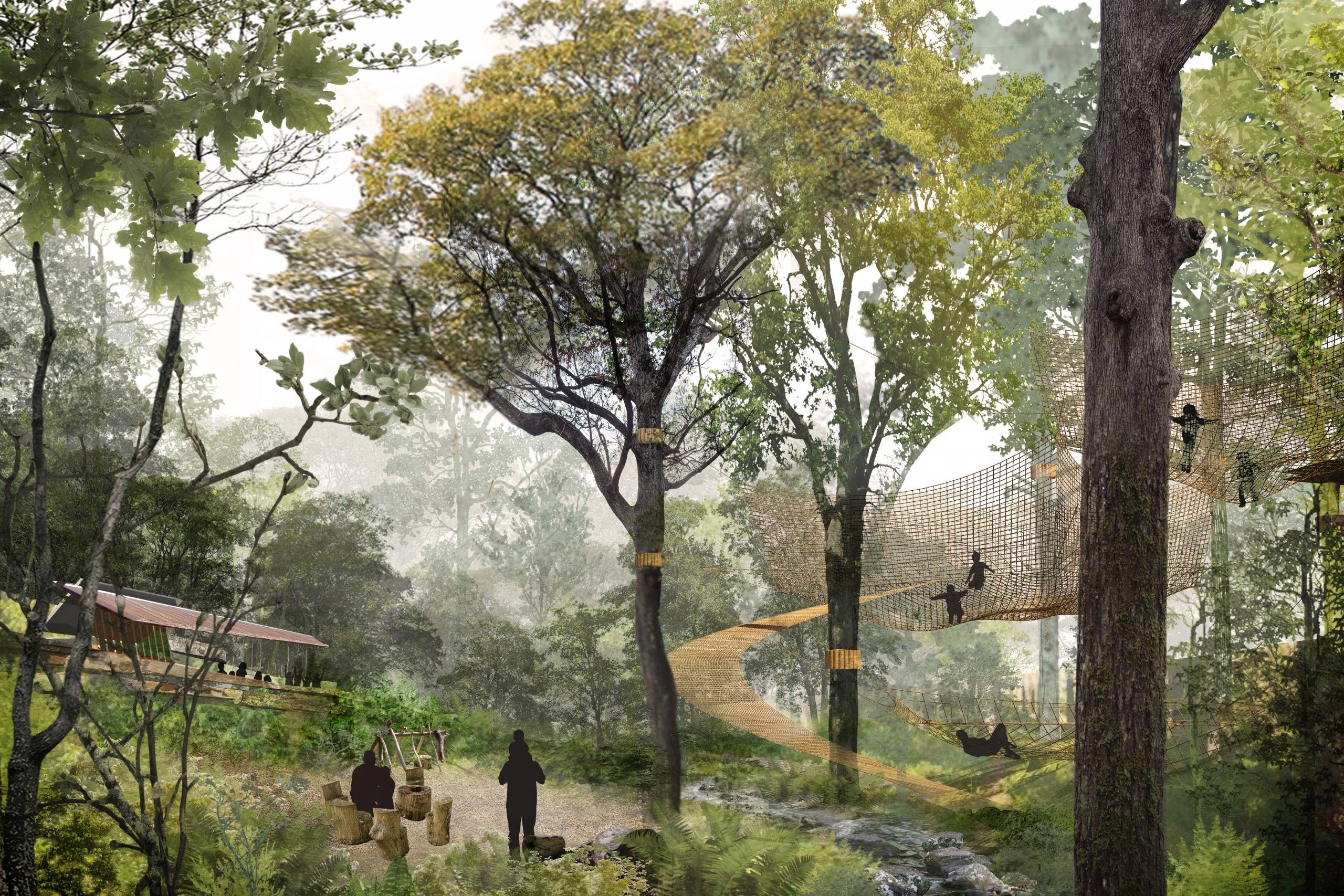 Convergence Forest scene with a wooden canopy walkway and people silhouettes among lush trees and stream.