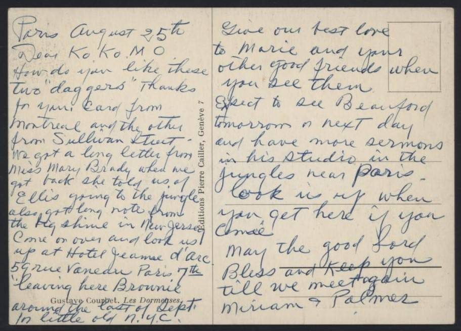 Delaney Beauford 23 Box2 Folder51 postcard to Joseph Delaney Paris (back) handwritten letter in blue ink and cursive from an artist to his brother