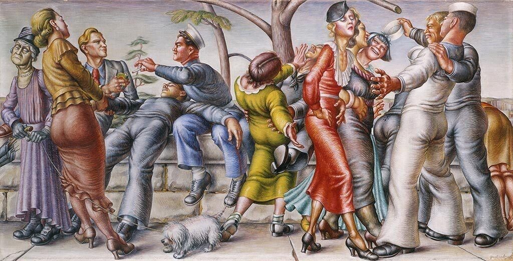 Paul Cadmus, The Fleet’s In, 1934, tempera on canvas, 37 x 66 1/2 x 2 in. Courtesy of Navy Art Collection, Naval History and Heritage Command, 34-005-A. the painting called the fleet's in by paul cadmus featuring sailors, men, and women smoking and talking on a stone ledge