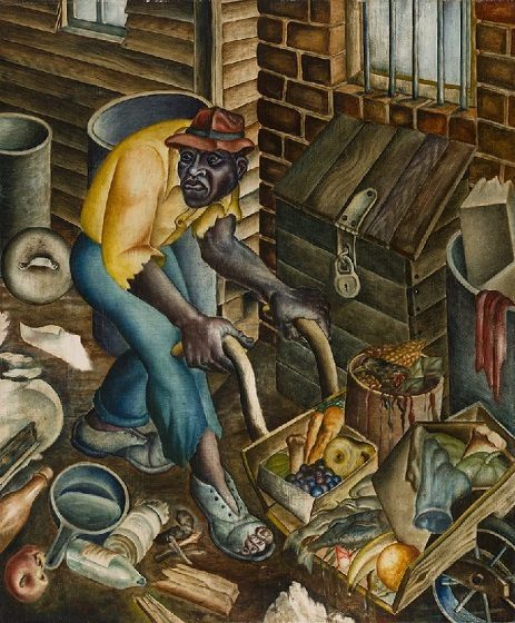 John Biggers, The Garbage Man, 1944, oil on panel, 40 × 33 in. (101.6 × 83.8 cm) Framed: 47 5/8 × 40 5/8 × 1 5/8 in. Crystal Bridges Museum of American Art, Bentonville, Arkansas, 2016.8 Man in worn clothing searches through mixed items, including fruits, in a cluttered outdoor area.