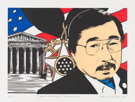 gordon hirabayashi colored lithograph work featuring a man of japanese american descent on the right side, a star in the middle, and the supreme court building on the left side with the american flag in the background