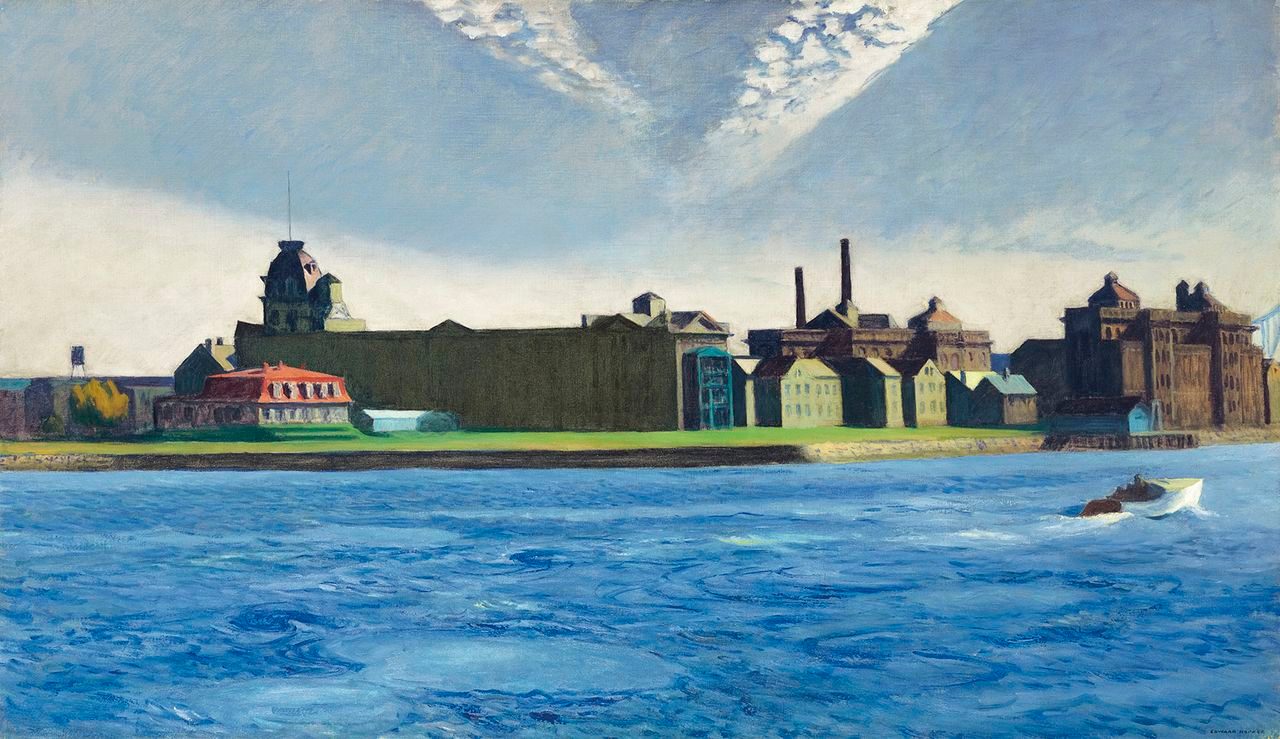 Edward Hopper, Blackwell's Island, 1928, oil on canvas 34 1/2 x 59 1/2 in. (87.6 x 151.1 cm) Framed: 46 1/4 × 71 1/2 × 3 1/4 in. Crystal Bridges Museum of American Art, Bentonville, Arkansas Waterside scene with industrial complex, smokestacks, and motorboat under a cloudy sky.