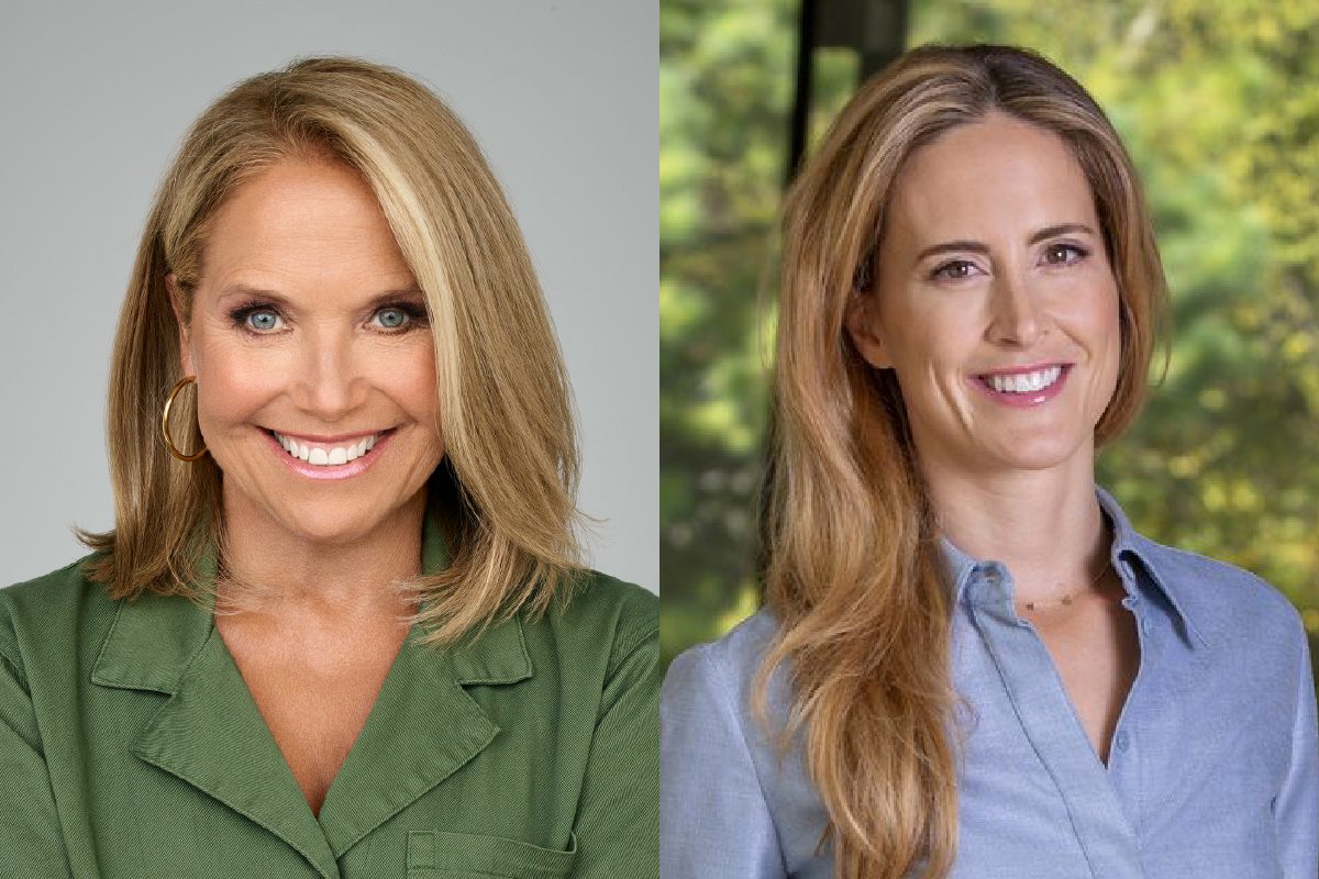 Katie Couric & Olivia Walton Two women smiling in portraits; one in green with blonde hair, the other in blue with brown hair.