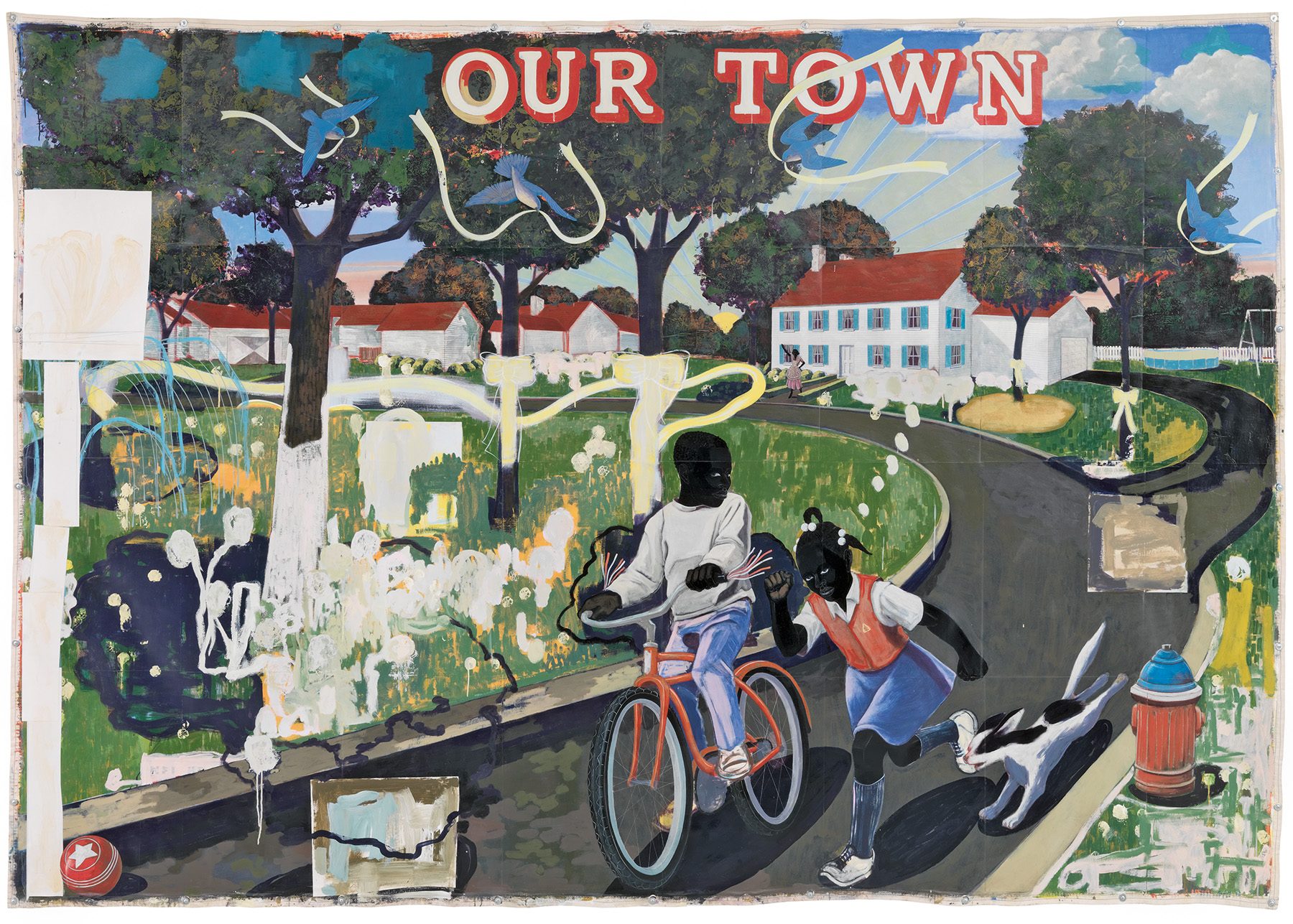 Kerry James Marshall, Our Town, 1995, acrylic and collage on canvas, 101 x 143 in. (256.5 x 363.2 cm). Crystal Bridges Museum of American Art, Bentonville, Arkansas, 2009.3 Painting of a suburban scene with two children, a dog, and houses, titled