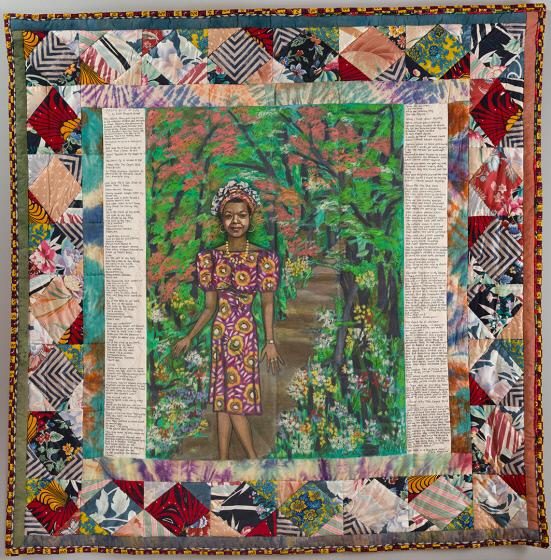 Faith Ringgold, Maya's Quilt of Life, 1989, acrylic on canvas and painted, dyed, and pieced fabrics, 73 × 73 in. (185.4 × 185.4 cm). Crystal Bridges Museum of American Art, Bentonville, Arkansas. Quilt with a vibrant dress illustration, lush garden, text, and geometric patterned border.
