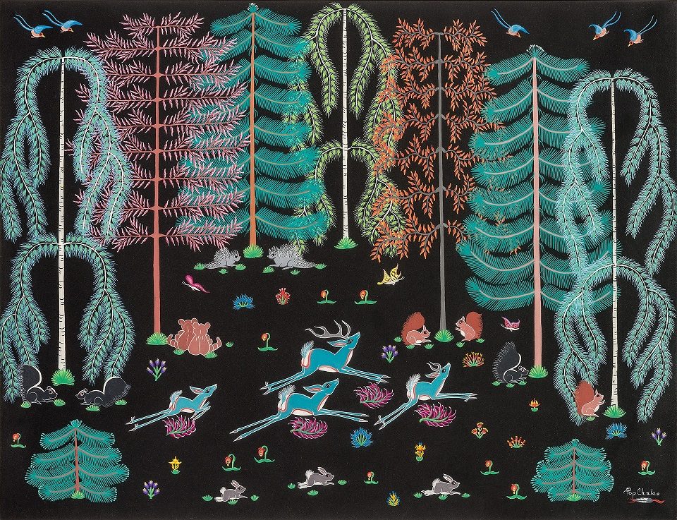 Pop Chalee (Merina Lujan Hopkins), Enchanted Forest, ca. 1950, Gouache on paper, 21 x 25 in. Crystal Bridges Museum of American Art, Bentonville, Arkansas, 2020.52 Colorful forest illustration with detailed trees, deer, rabbits, birds, and vibrant wildlife.