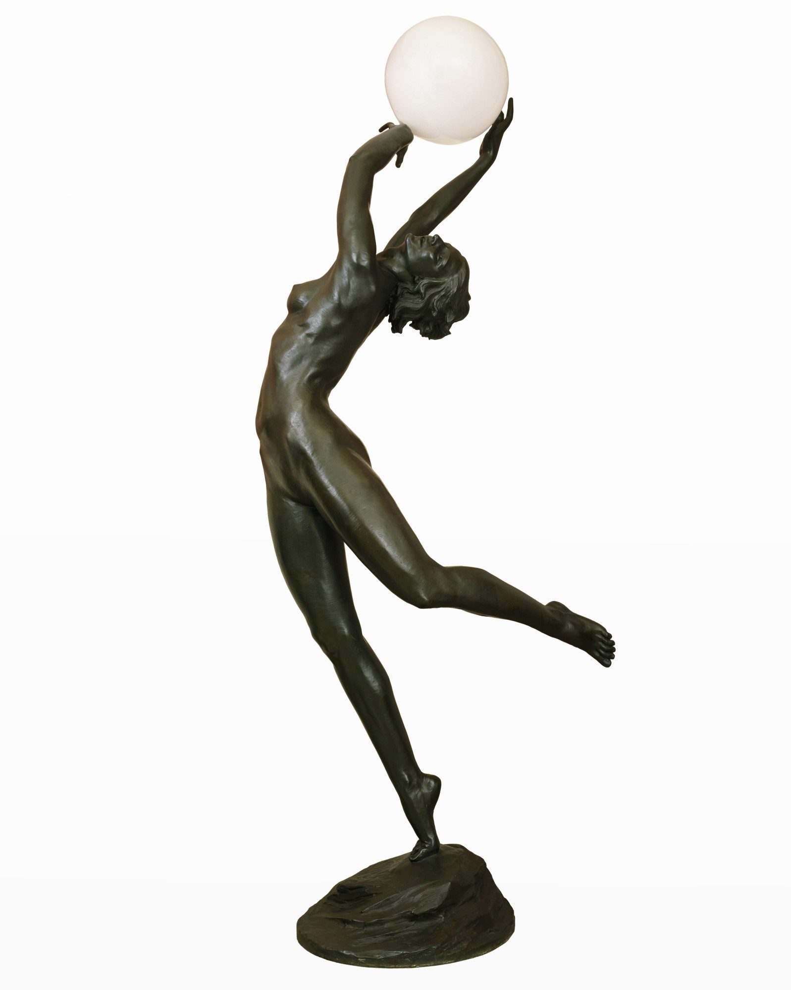 Balancing Elegance in Bronze Bronze nude figure balances on one foot, reaching up to hold a glowing spherical light.