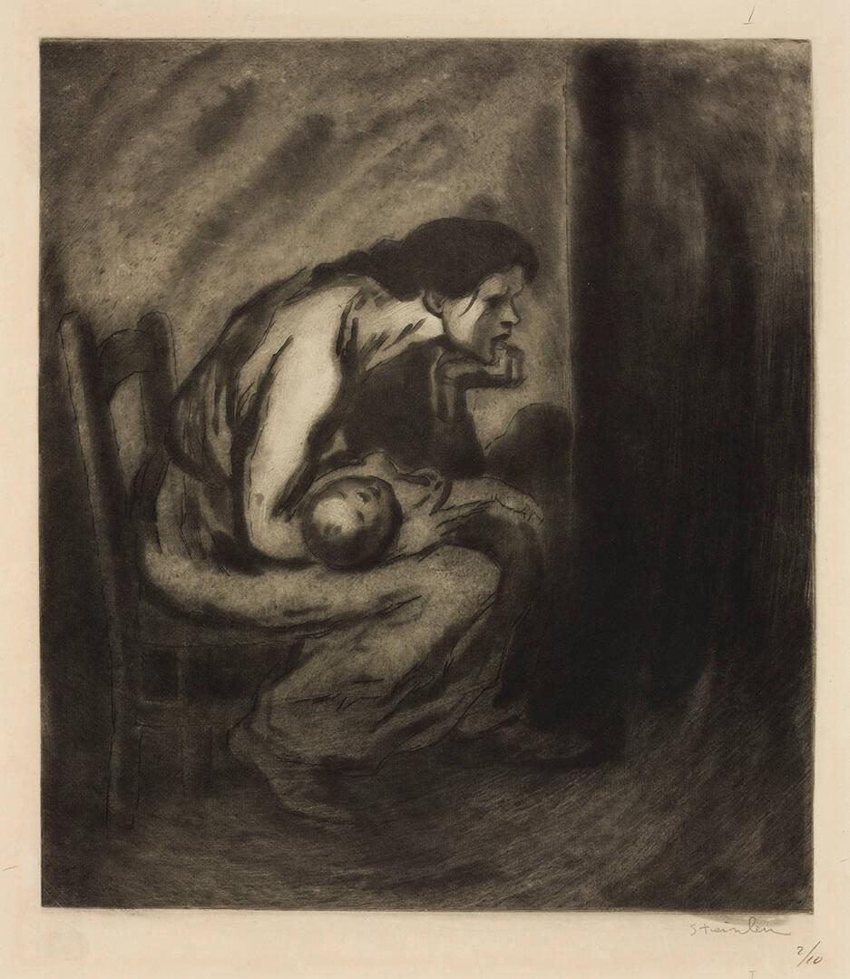 Théophile Alexandre Steinlen, L’enfant malade (The sick child), 1902, soft-ground etching, ASC.2012.18. an etching of a distraught woman hunched over in a chair cradling her sick child