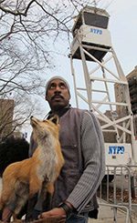symposium-hs-ward-nari Man with stuffed fox near NYPD tower, bare trees, city buildings in background.