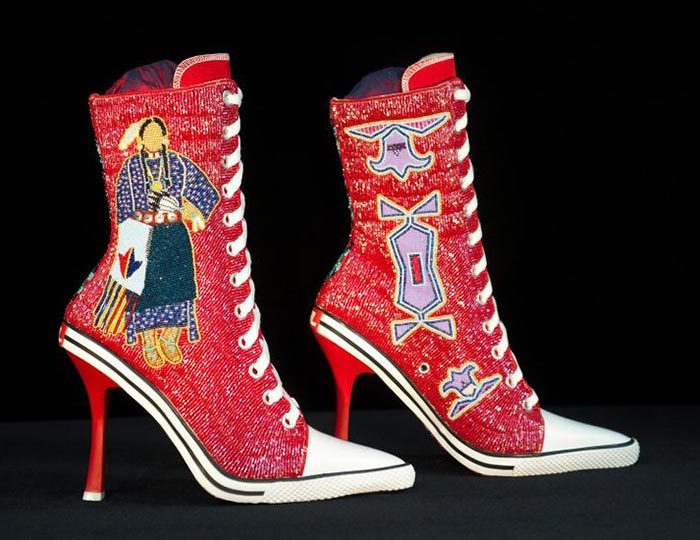Teri Greeves, Abstraction: Kiowa by Design, 2014, beads on canvas high-heeled sneakers, 11 1/2 x 10 x 4 in. each. Courtesy Crystal Bridges Museum of American Art, Bentonville, Arkansas. Photo: Stephen Lang. Converse style high-heeled sneakers with Native American beaded designs on the sides