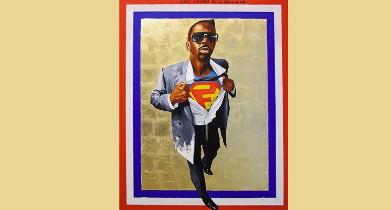 Fahamu Pecou Nunna My Heroes: After Barkley Hendricks’ ‘Icon for My Man Superman’, 1969, 2011, acrylic, gold leaf, and oil stick on canvas 63 x 49 ½ in. Nasher Museum of Art at Duke University; Gift of Marjorie and Michael Levine Man in sunglasses and suit opens jacket revealing Superman logo, gold background, red/blue borders.