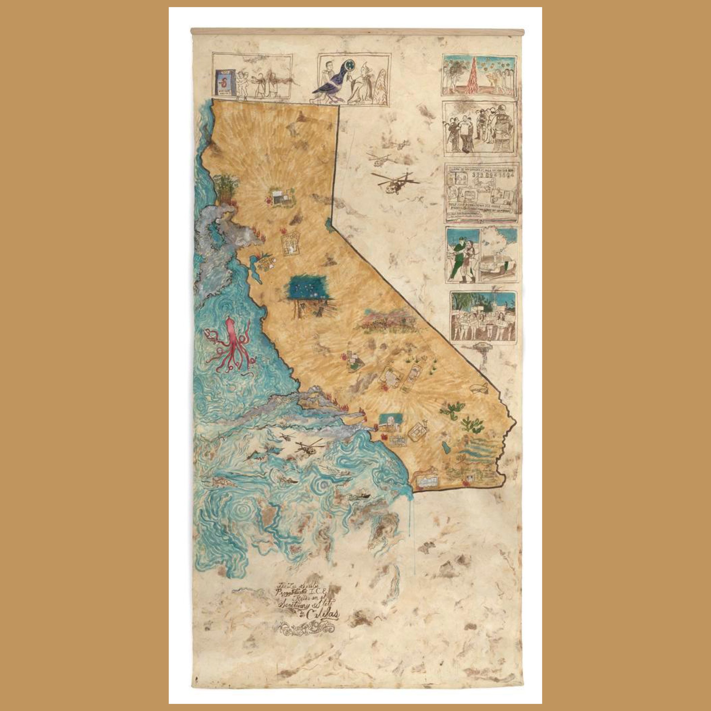 Untitled-2Sandy Rodriguez, De las Señales y Pronósticos and I.C.E. Raids de Califas, 2018, hand-processed watercolor on amate paper, 94 1/2 × 47 in. Crystal Bridges Museum of American Art, Bentonville, Arkansas, 2020.33. Photography by J6 Creative. Artistic map of California with whimsical illustrations and landmarks, featuring an octopus at sea.