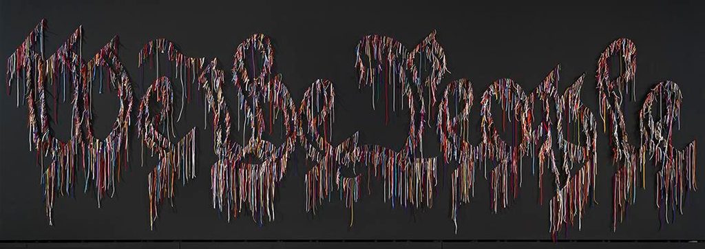 Nari Ward, We the People (black version), 2015, shoelaces, 96 in. × 27 ft. (243.8 × 823 cm). © Nari Ward / Licensed by Lehmann Maupin, New York, NY Colorful woven strands form a pattern against a dark background in an artistic design.