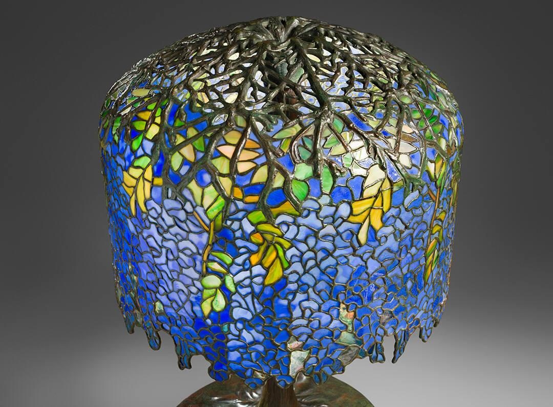 wisteria lamp 2 a stained glass desk lamp with blue, purple, green, and yellow colors designed to look like a wisteria tree