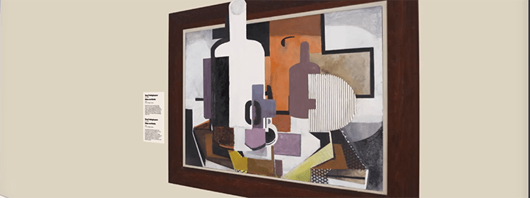 Suzy Frelinghuysen, Glass and Bottle, 1948, oil and collage on board, 30 1/2 × 40 1/2 in. (77.5 × 102.9 cm) Framed: 40 1/2 in. × 50 in. × 2 3/4 in. Crystal Bridges Museum of American Art, Bentonville, Arkansas, 2015.7 Abstract artwork with geometric shapes and muted colors in a cubist style, framed on a wall.
