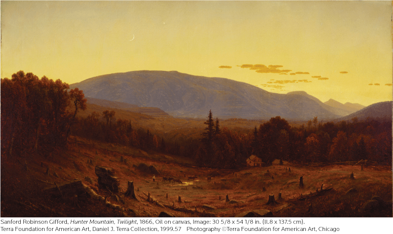 Sanford Robinson Gifford, Hunter Mountain, Twilight Landscape painting of Hunter Mountain at twilight with a crescent moon and yellow-tinged sky.