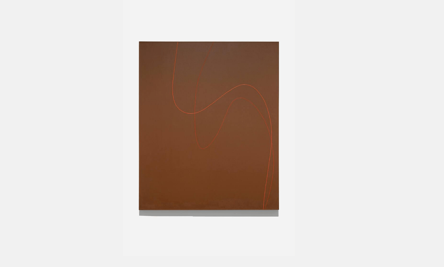 Virginia Jaramillo, Gematria, 1974, acrylic on canvas, 72 × 60 1/8 in. Crystal Bridges Museum of American Art, Bentonville, Arkansas, 2021.9. Brown canvas with two orange lines across it