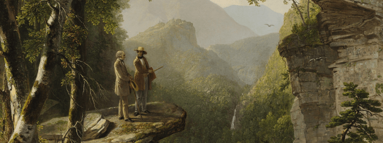 Asher B. Durand, Kindred Spirits (detail), 1849, oil on canvas, 44 x 36 in. Crystal Bridges Museum of American Art, Bentonville, Arkansas, 2010.106. Two men on rocky cliff with sketchbook, view of mountains, trees, and waterfall in background.