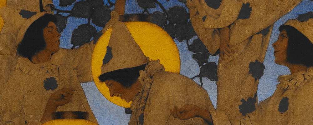 Lantern Bearers Three costumed figures with pointed hats by large yellow lanterns, surrounded by dark foliage.