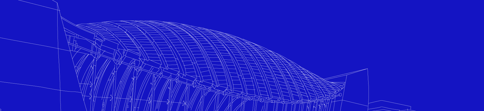 Museum Way Podcast Wireframe of a curved architectural structure with grid pattern on a blue background.